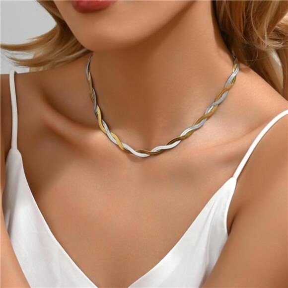 18K Gold Plated Snake Chain Herringbone Necklace Layered Double Chain Choker - Picture 2 of 7